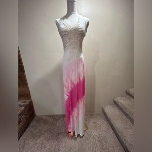 Elegant Pink and White Tie Dye Halter Maxi Dress